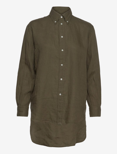 Oversized Linen Shirt - long-sleeved shirts - british olive
