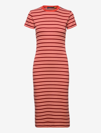 Striped Stretch Cotton-Modal Tee Dress - t-shirt dresses - orangey red/nevis