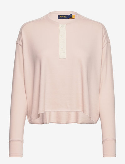 Boxy Cropped Ribbed Henley Shirt - t-shirt & tops - alabaster pink