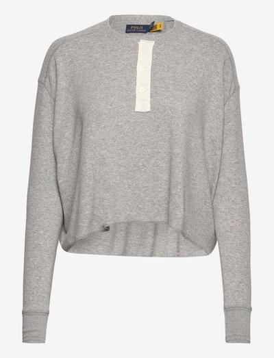 Boxy Cropped Ribbed Henley Shirt - tops met lange mouwen - andover heather