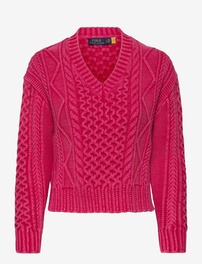 Aran-Knit Cotton V-Neck Sweater - neulepuserot - washed hot pink