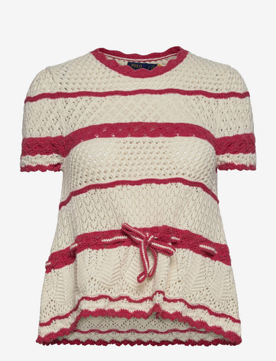 Striped Pointelle Short-Sleeve Sweater - swetry - chic cream/adiron