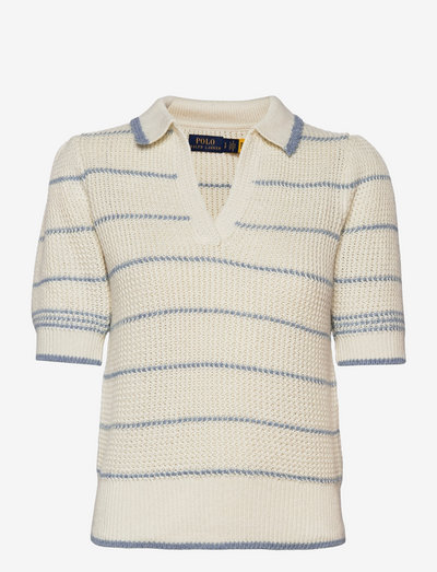 Striped Cotton-Linen Polo Sweater - sviitrid - chic cream/blue n