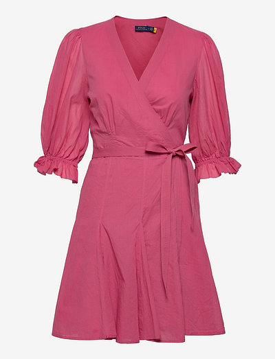 Puffed-Sleeve Cotton Wrap Dress - kleitas ar pārlikumu - adirondack berry