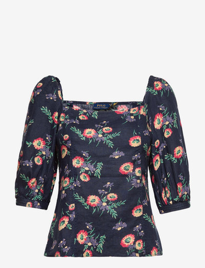 Floral Linen Blouson-Sleeve Blouse - short-sleeved blouses - 1241 dhalia flora