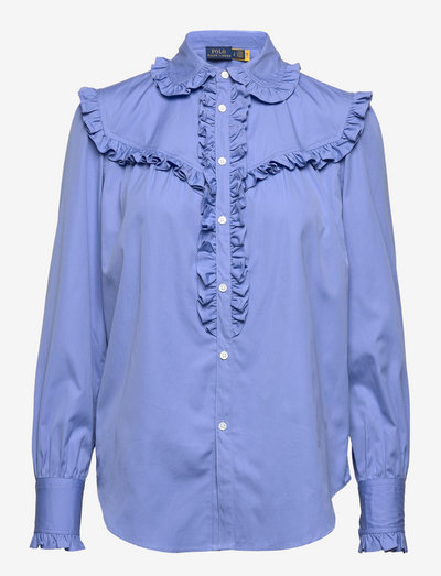 Ruffle-Trim Cotton Shirt - langerma skyrtur - lake blue