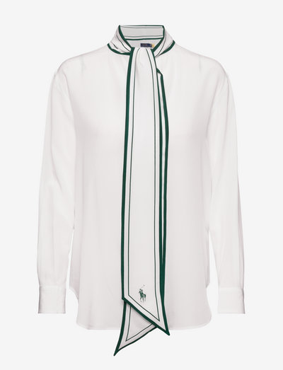 Mulberry Silk Stripe Tie-Neck Shirt - langerma skyrtur - cream/ 1294 green