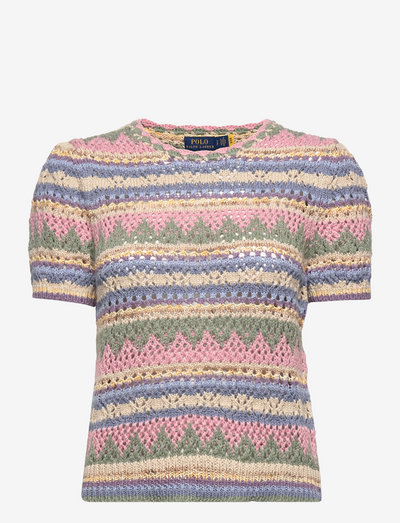 Striped Pointelle-Knit Sweater Tee - peysur - tan multi