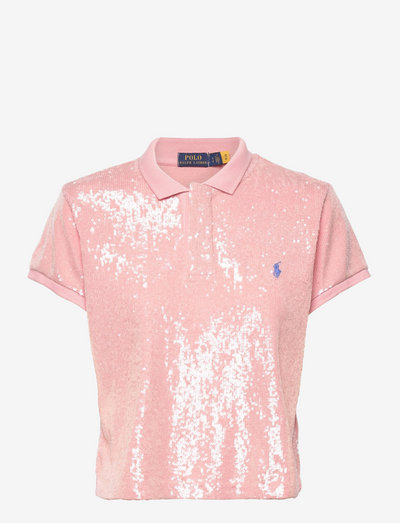Sequined Crop Mesh Polo Shirt - polo's - adirondack rose