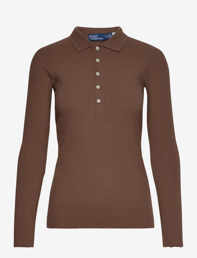 Ribbed Long-Sleeve Polo Shirt - polo marškinėliai - chocolate brown