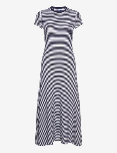 Striped Ribbed Cotton-Blend Dress - sommerkleider - white/newport nav