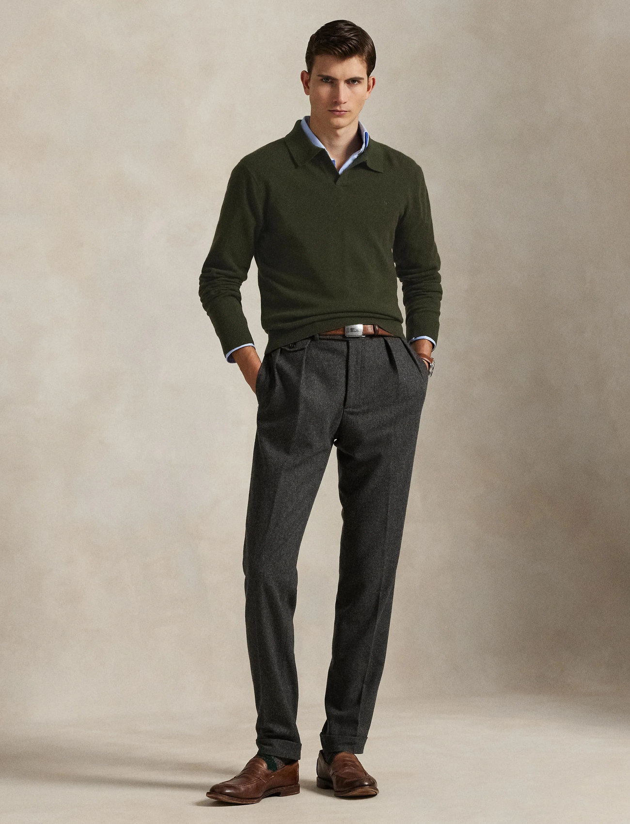 Polo Ralph Lauren Wool Johnny-Collar Sweater, S, Green, Strik > Langærmede Strikkede Poloer, Herre
