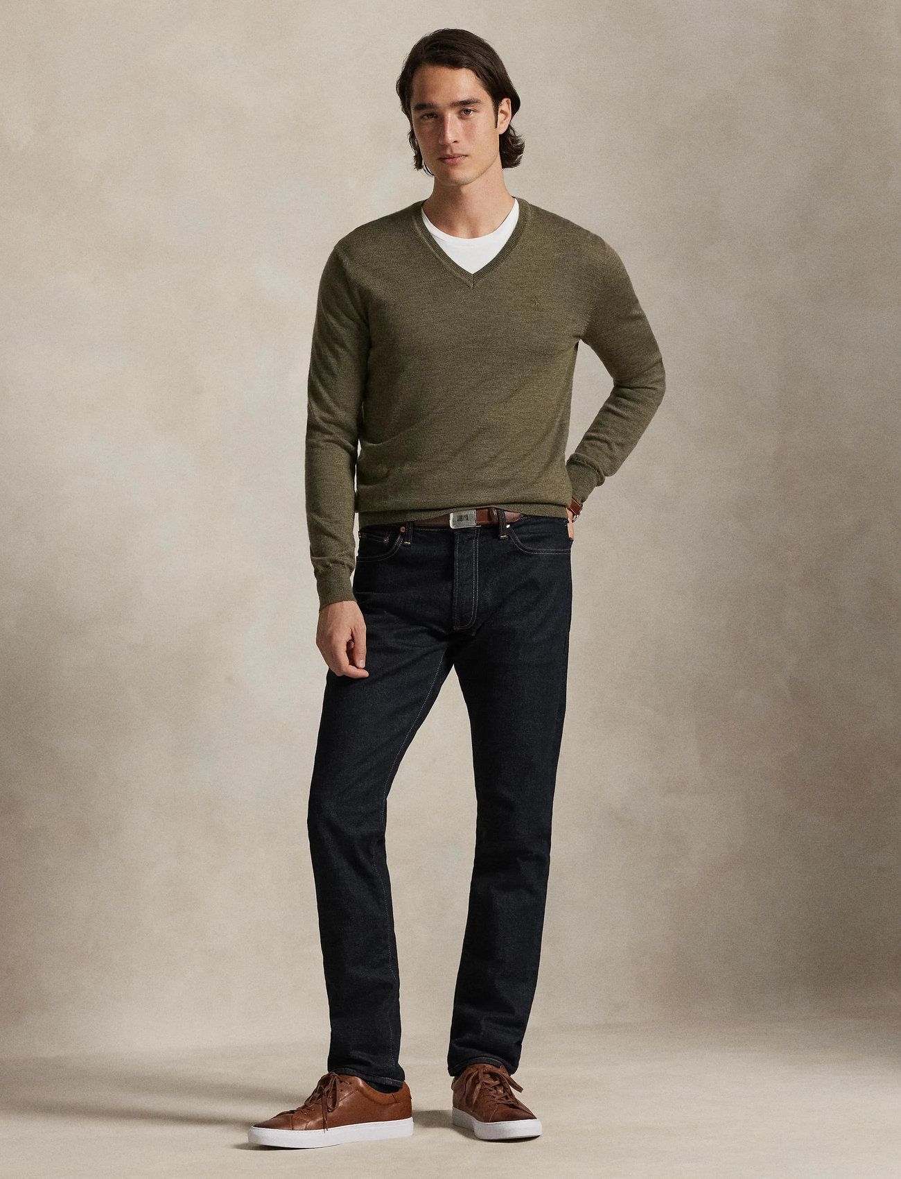 Polo Ralph Lauren Slim Fit Washable Wool V-Neck Sweater, L, Khaki green, Knitwear - V-necks, Herre