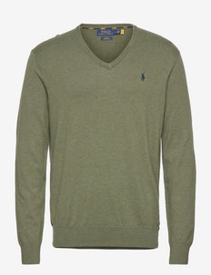 Slim Fit Cotton V-Neck Sweater - knitted v-necks - army olive heathe