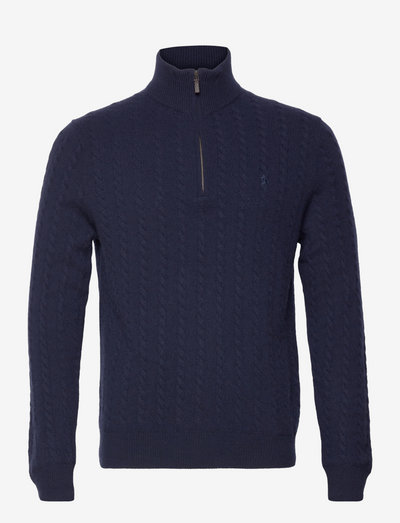 Cable-Knit Cotton-Wool Sweater - half zip jumpers - hunter navy