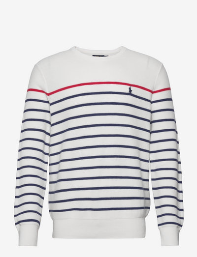 Striped Mesh-Knit Cotton Sweater - rundhalsad - deckwash white mu