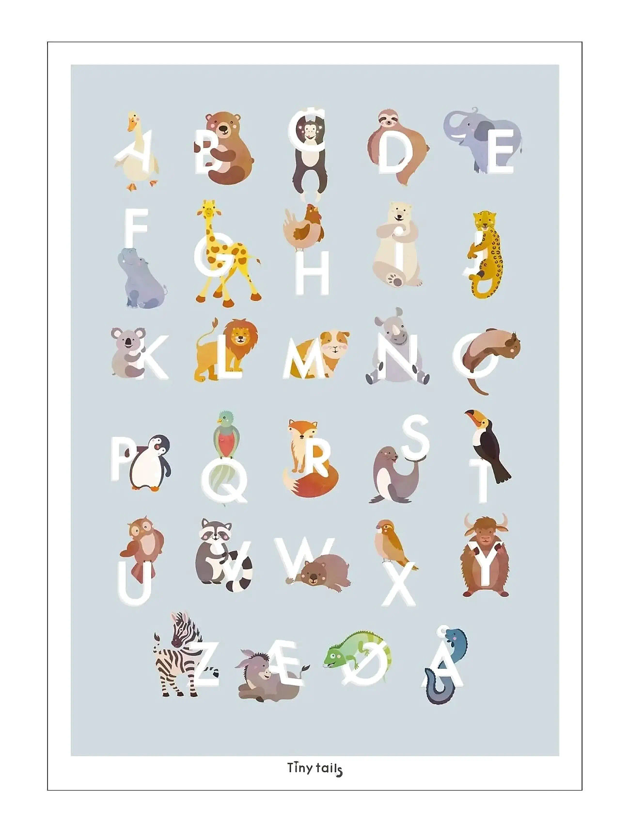 Poster & Frame Tiny Tails - Abc Lyseblå, 50X70 cm, Blue, Plakater Og Rammer > Plakater, Børn