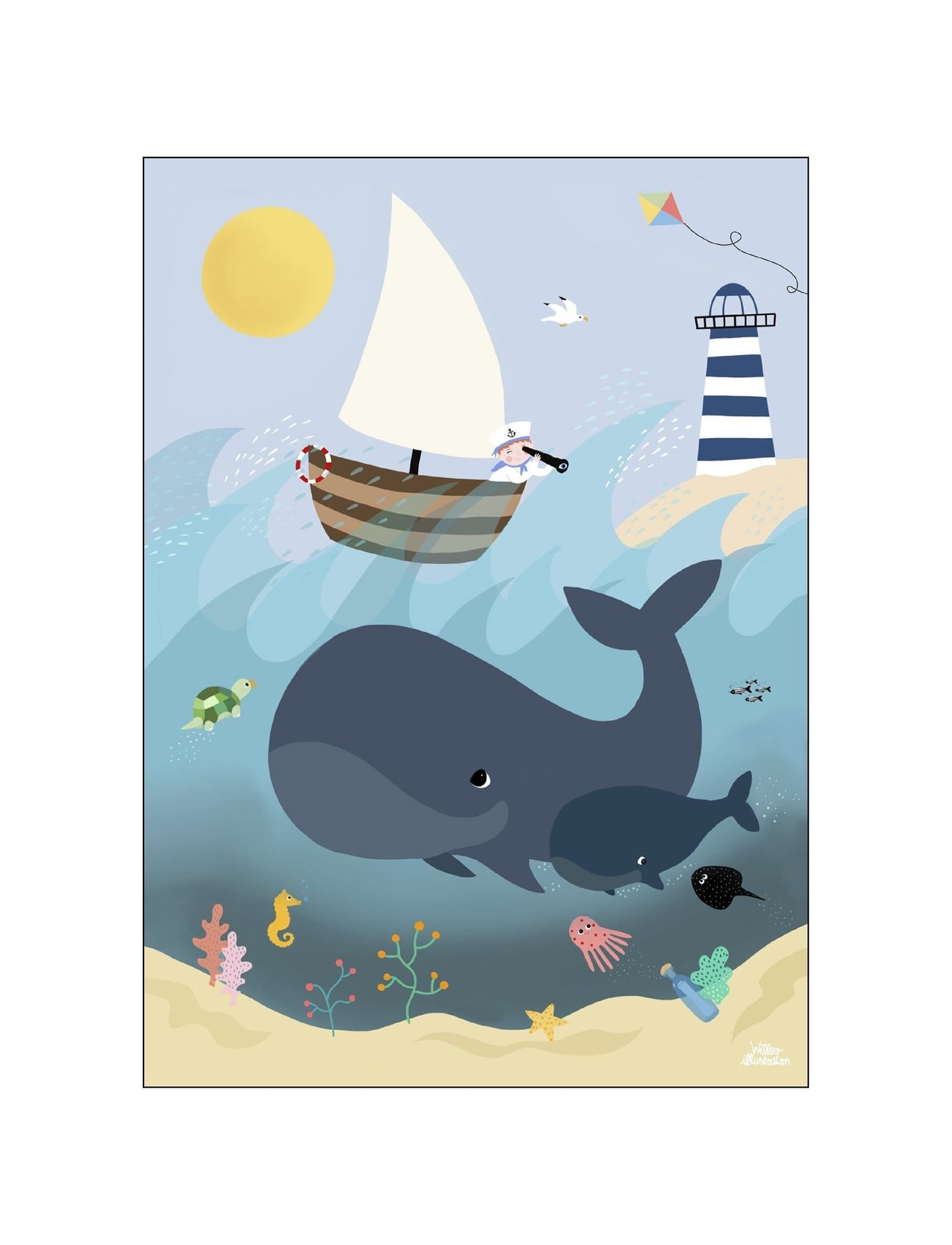 Whales And Waves Home Kids Decor Posters Monivärinen/Kuvioitu Poster & Frame
