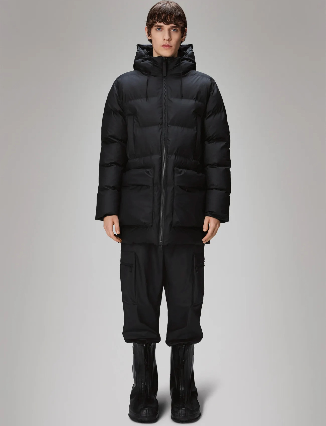 Rains Alta Long Puffer Cargo Jacket W3T4, XS, Black, Jakker > Vatterede Jakker, Herre