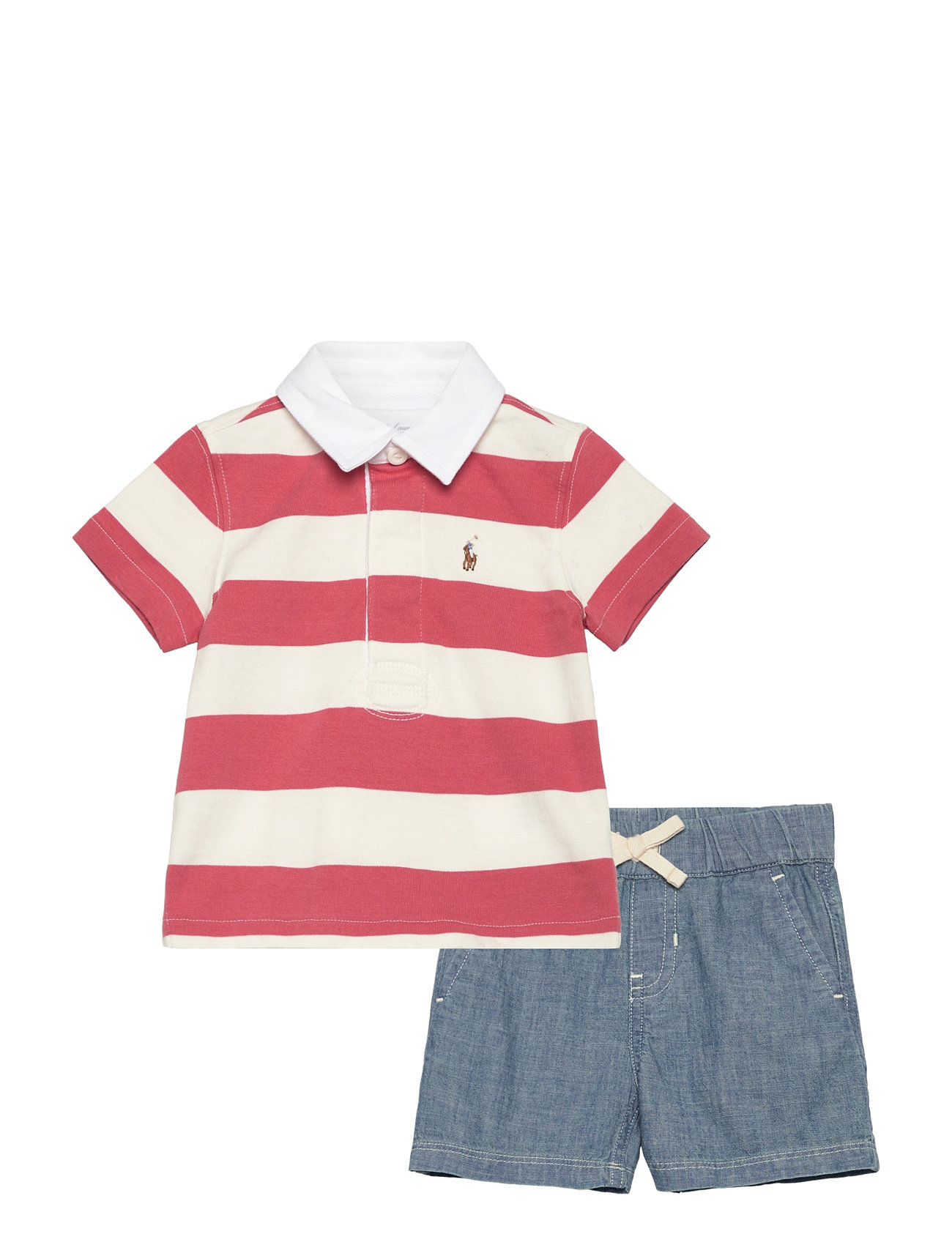 Ralph Lauren Baby Striped Rugby Shirt & Chambray Short Set Röd