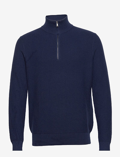Cotton-Blend Mockneck Sweater - half zip - french navy