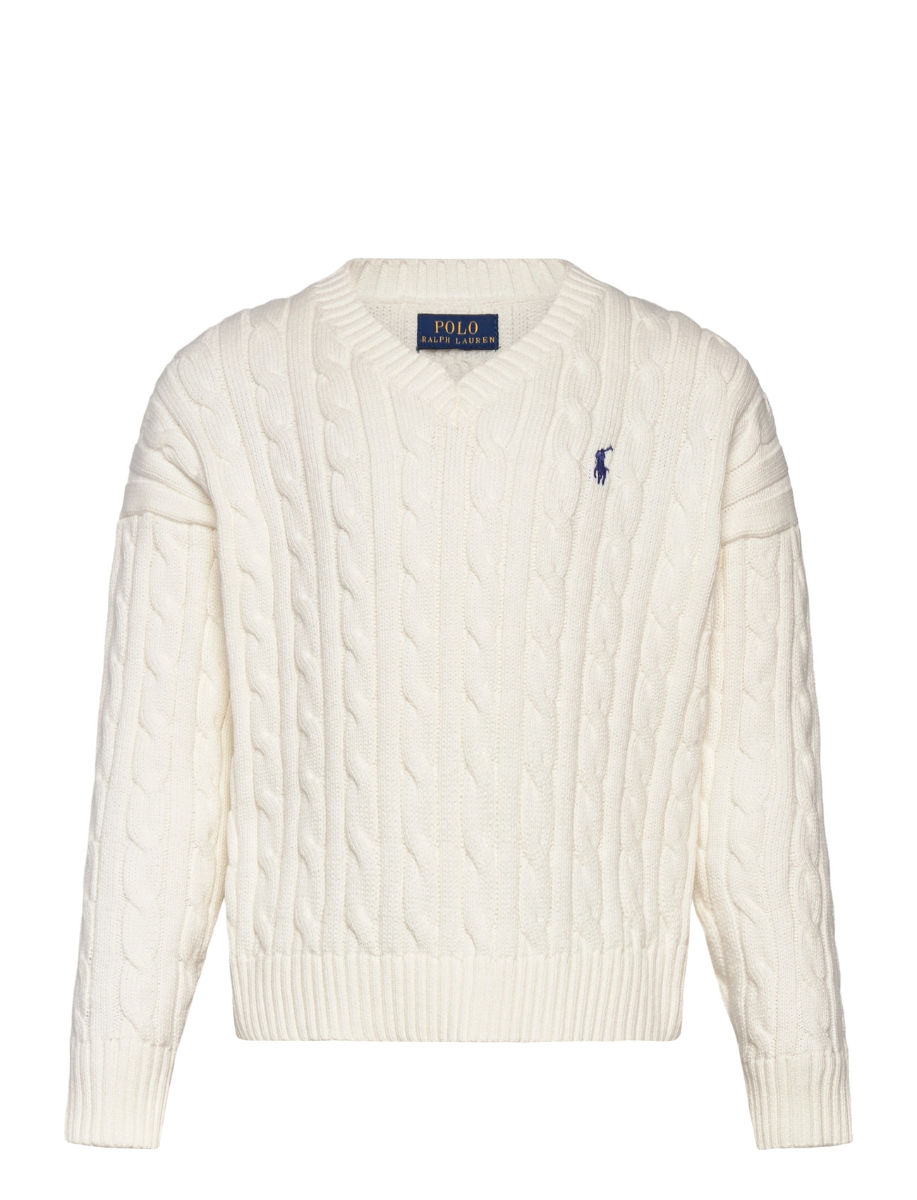 Ralph Lauren Kids Cable-Knit Cotton V-Neck Sweater, 142-153, Cream, Strik > Pullovere, Børn