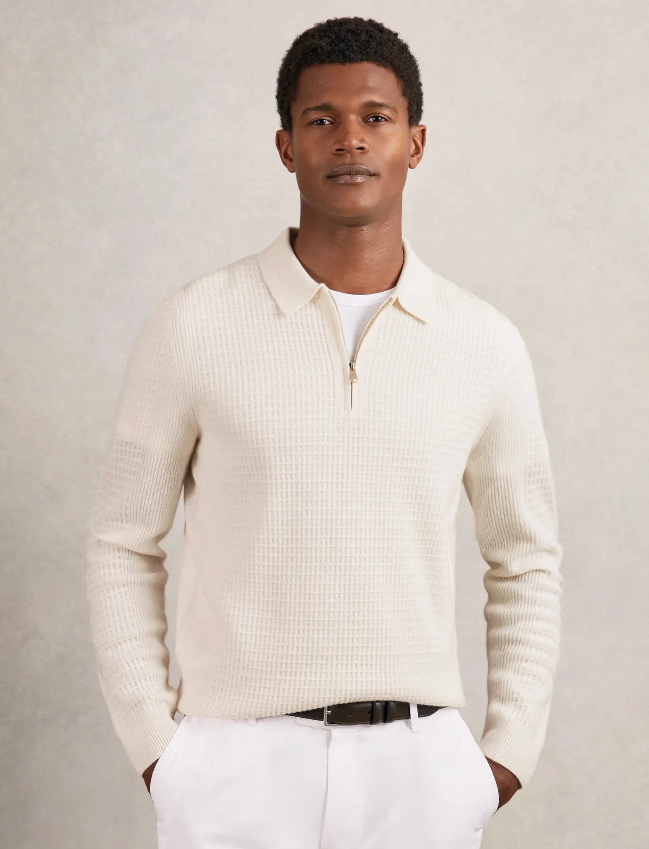 Reiss Hamilton, S, Cream, Strik > Langærmede Strikkede Poloer, Herre