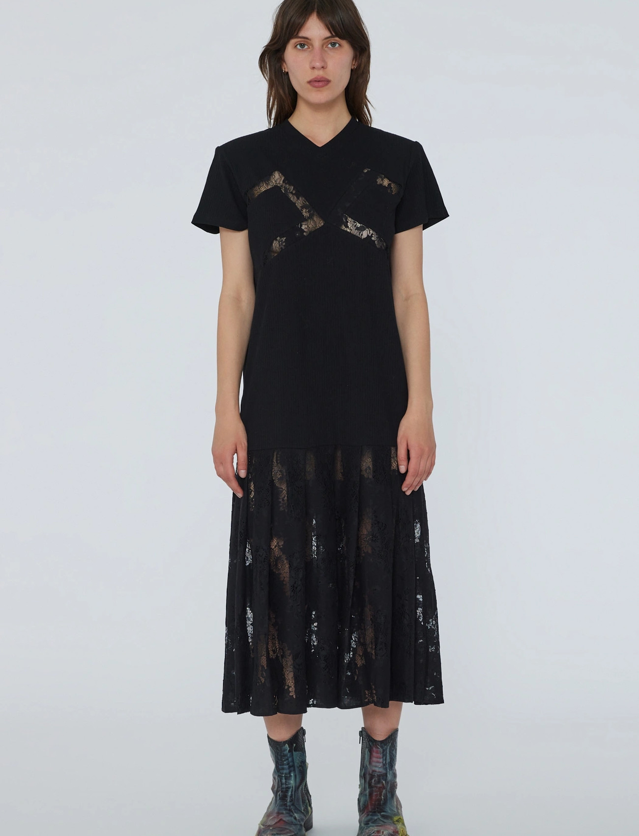 REMAIN Birger Christensen Lace Mix Pleat Dress, 34, Black, Kjoler > Knælange Og Midi, Dame
