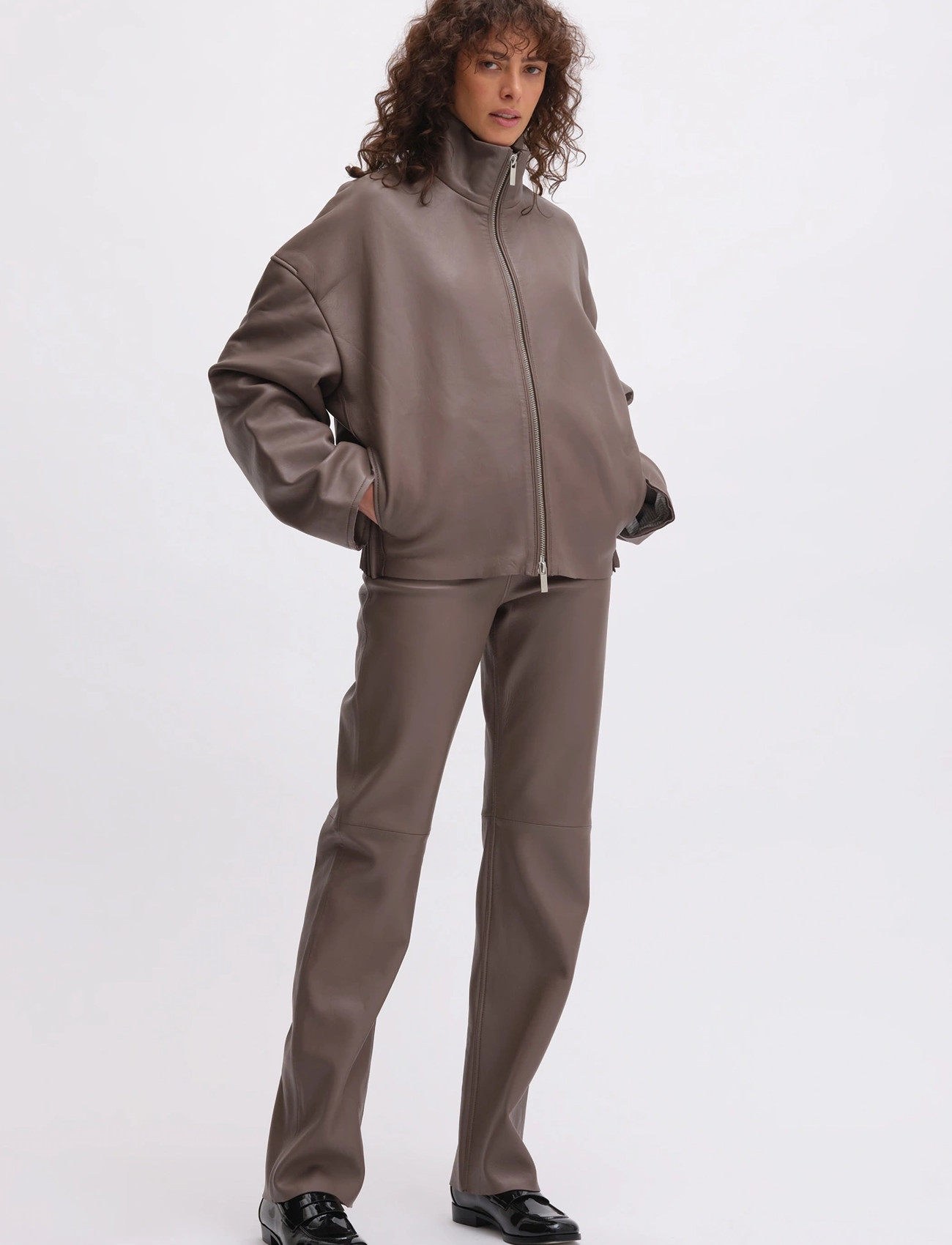 REMAIN Birger Christensen Bonded Leather Jacket, 36, Brown, Jakker > Læder, Dame