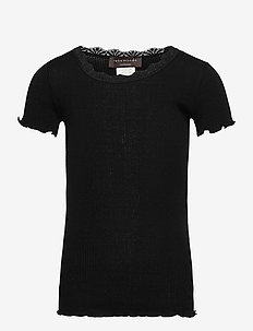 Silk t-shirt w/ lace - ensfarvede kortærmede t-shirts - black