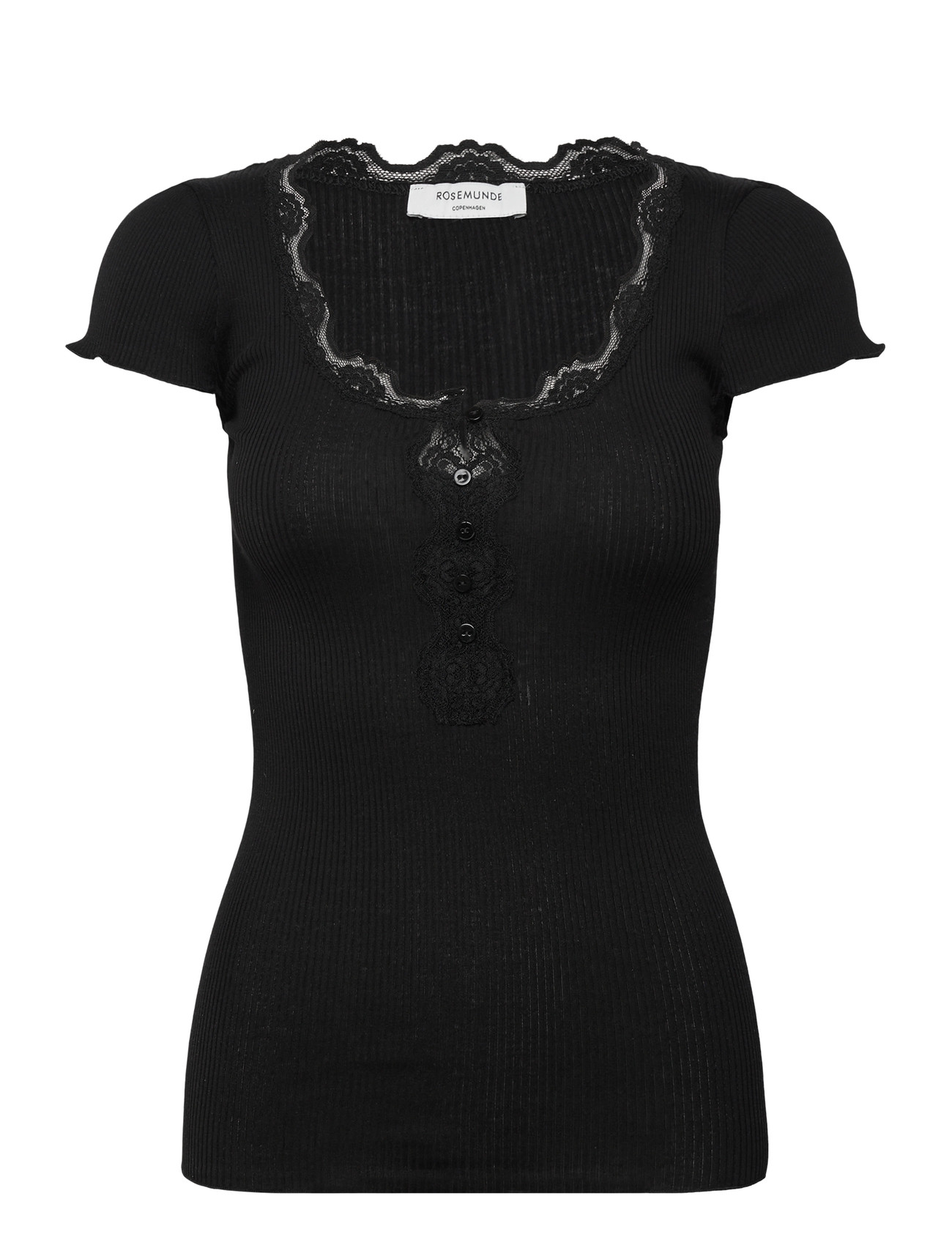 Rosemunde Rwbeatha Silk Capsleeve Button T-Sh, M, Black, T-Shirts & Toppe > Kortærmede, Dame