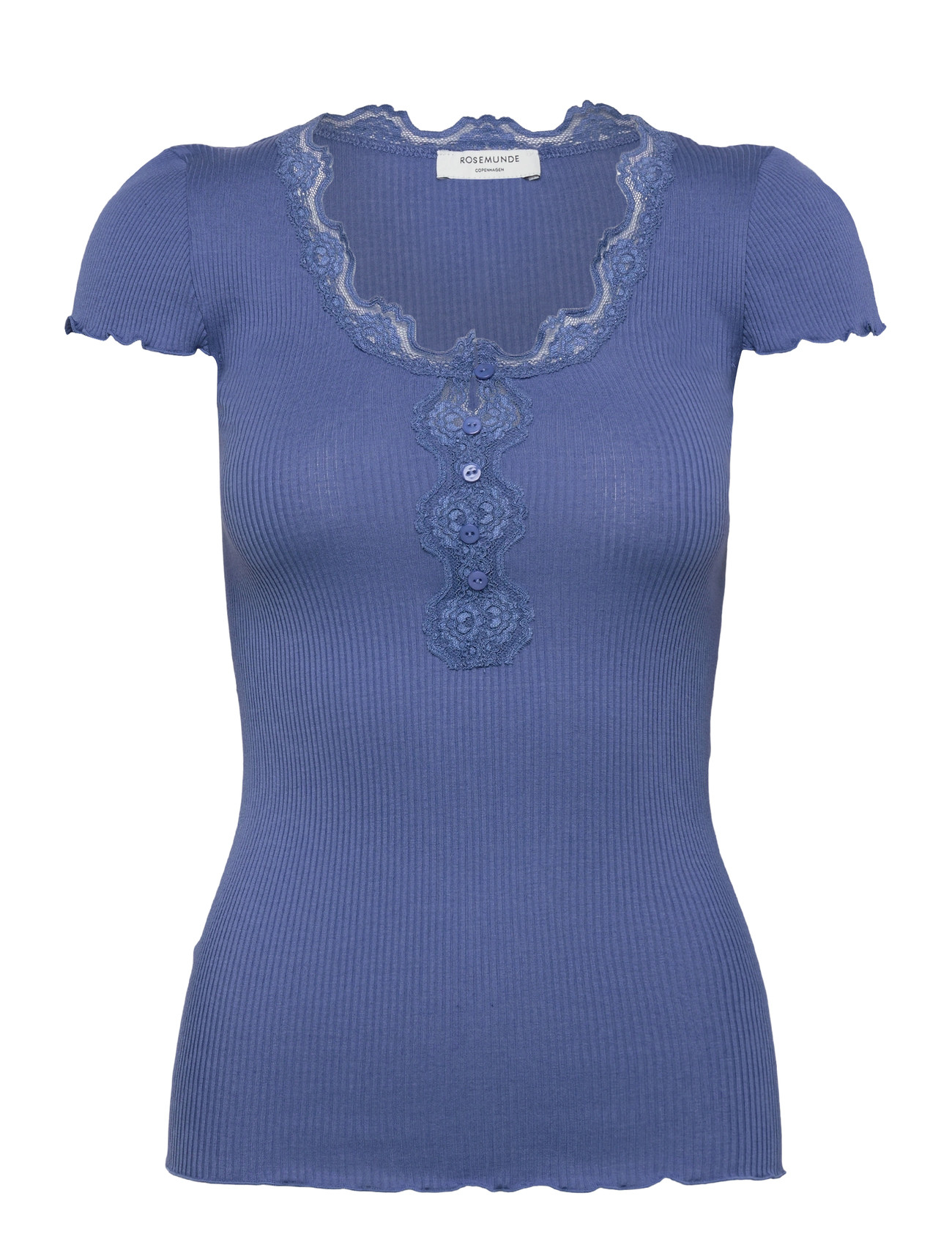 Rosemunde Rwbeatha Silk Capsleeve Button T-Sh, L, Blue, T-Shirts & Toppe > Kortærmede, Dame