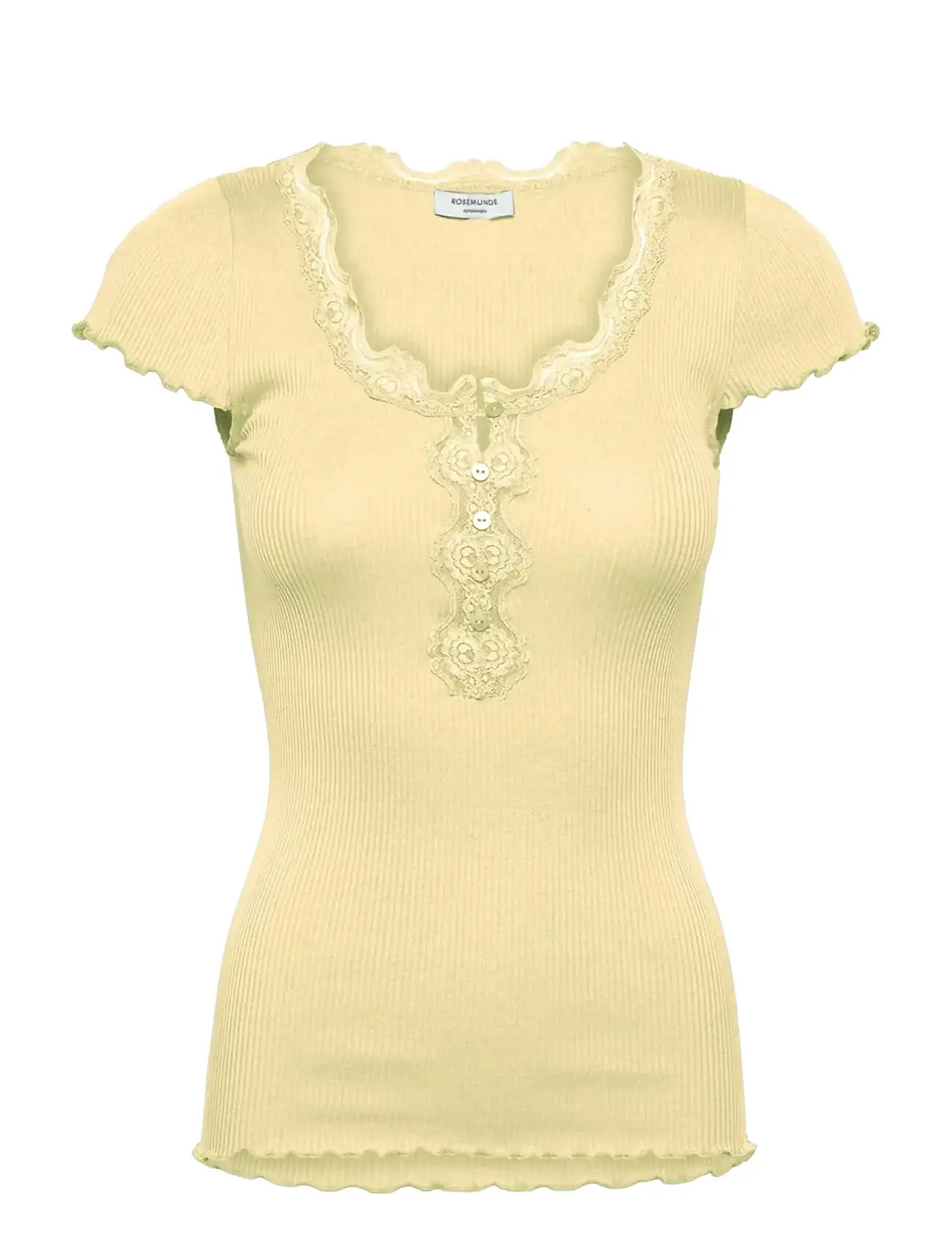 Rosemunde Rwbeatha Silk Capsleeve Button T-Sh, XS, Yellow, T-Shirts & Toppe > Kortærmede, Dame