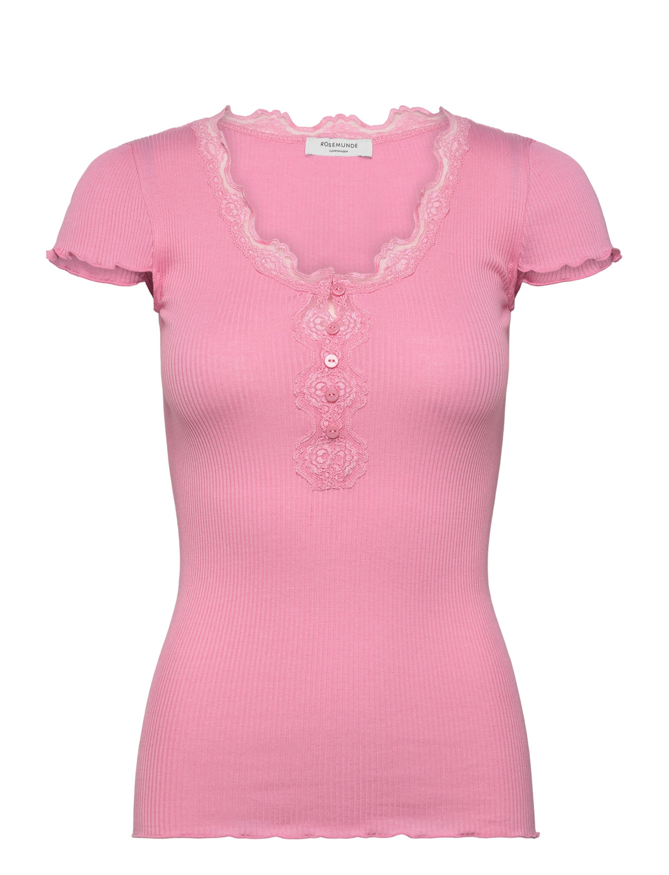 Rosemunde Rwbeatha Silk Capsleeve Button T-Sh, M, Pink, T-Shirts & Toppe > Kortærmede, Dame