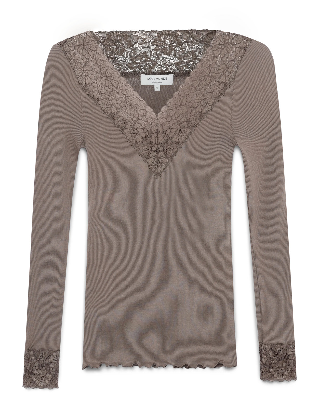 Rosemunde Rwbernadine Organic Ls V-Neck Lace, XL, Brown, T-shirts & Overdele - Long-sleeved, Dame