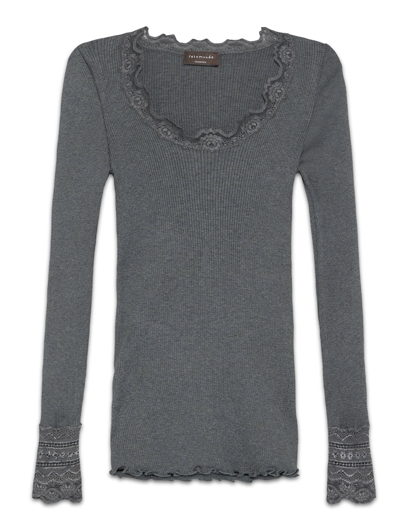 Rosemunde Silk T-Shirt W/ Lace, XS, Grey, T-Shirts & Toppe > Langærmede, Dame