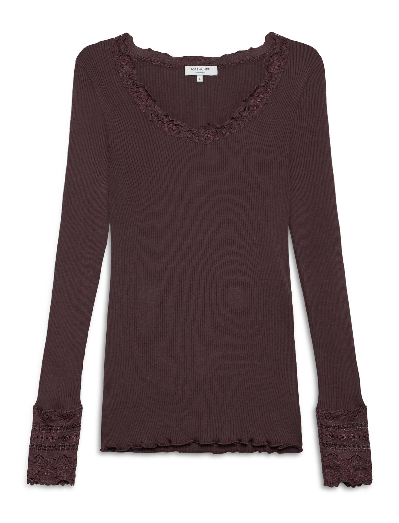 Rosemunde Silk T-Shirt W/ Lace, XL, Brown, T-Shirts & Toppe > Langærmede, Dame