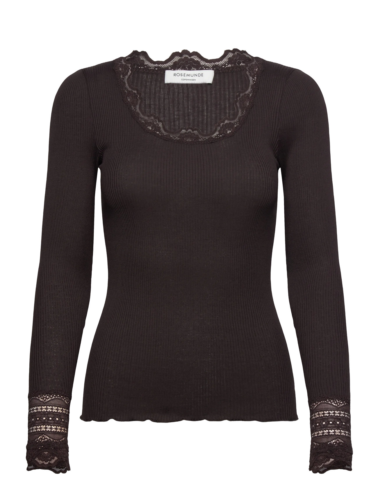 Rosemunde Silk T-Shirt W/ Lace, L, Brown, T-Shirts & Toppe > Langærmede, Dame