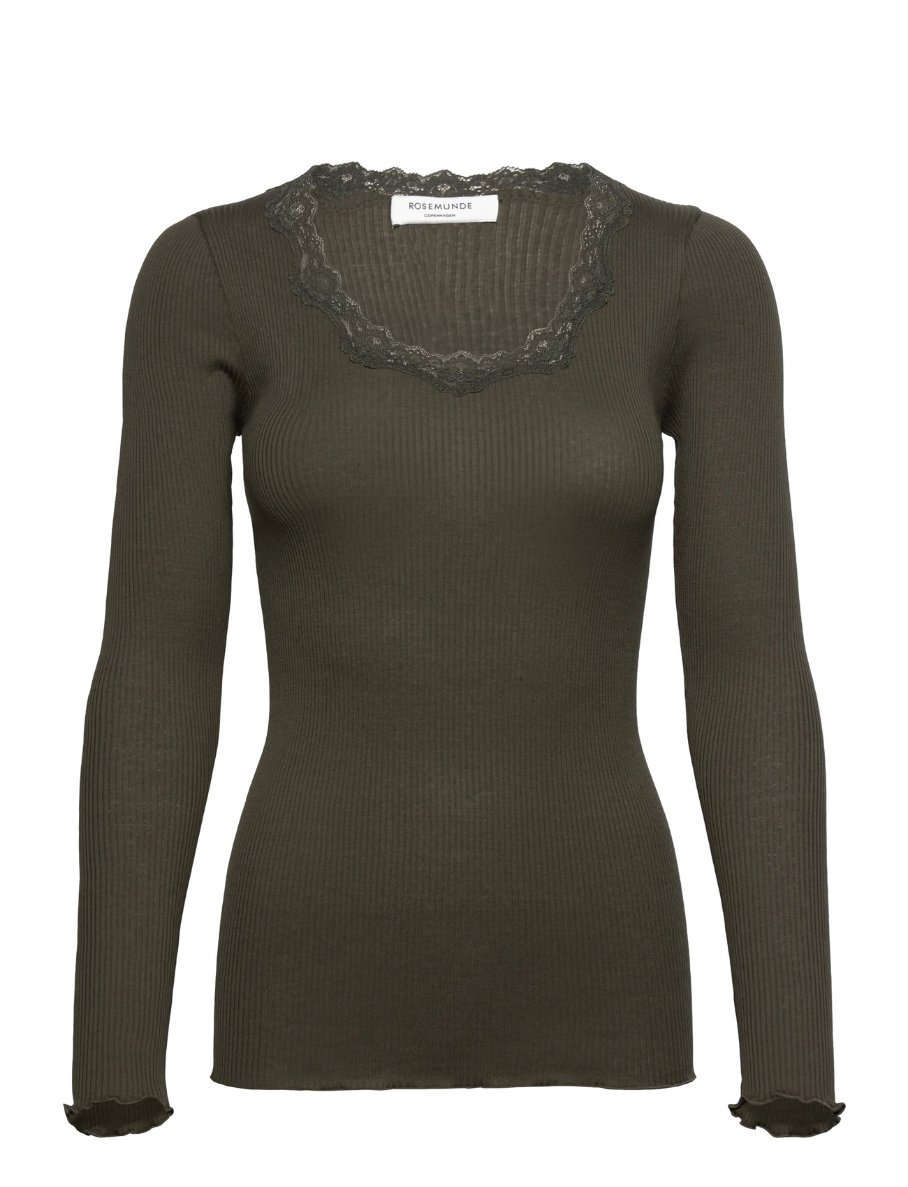 Rosemunde Silk T-Shirt W/ Lace, XS, Khaki green, T-Shirts & Toppe > Langærmede, Dame
