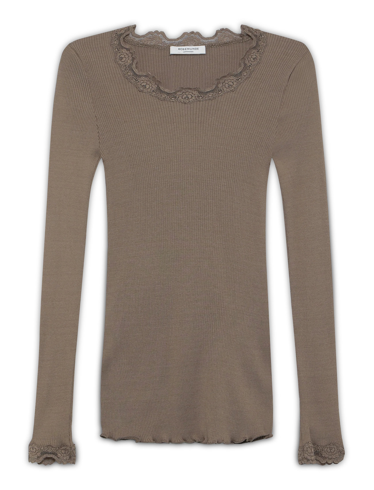 Rosemunde Silk T-Shirt W/ Lace, M, Brown, T-Shirts & Toppe > Langærmede, Dame