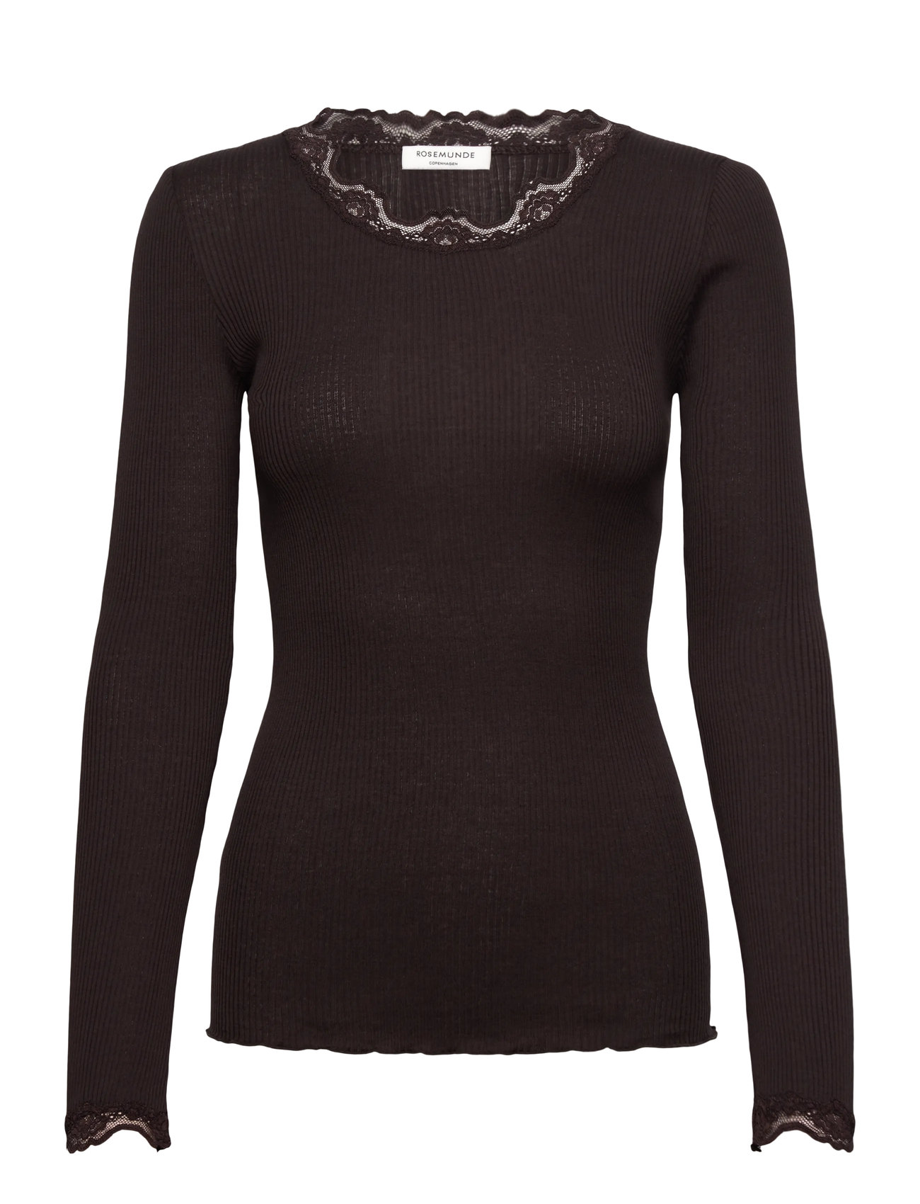 Rosemunde Silk T-Shirt W/ Lace, M, Brown, T-Shirts & Toppe > Langærmede, Dame