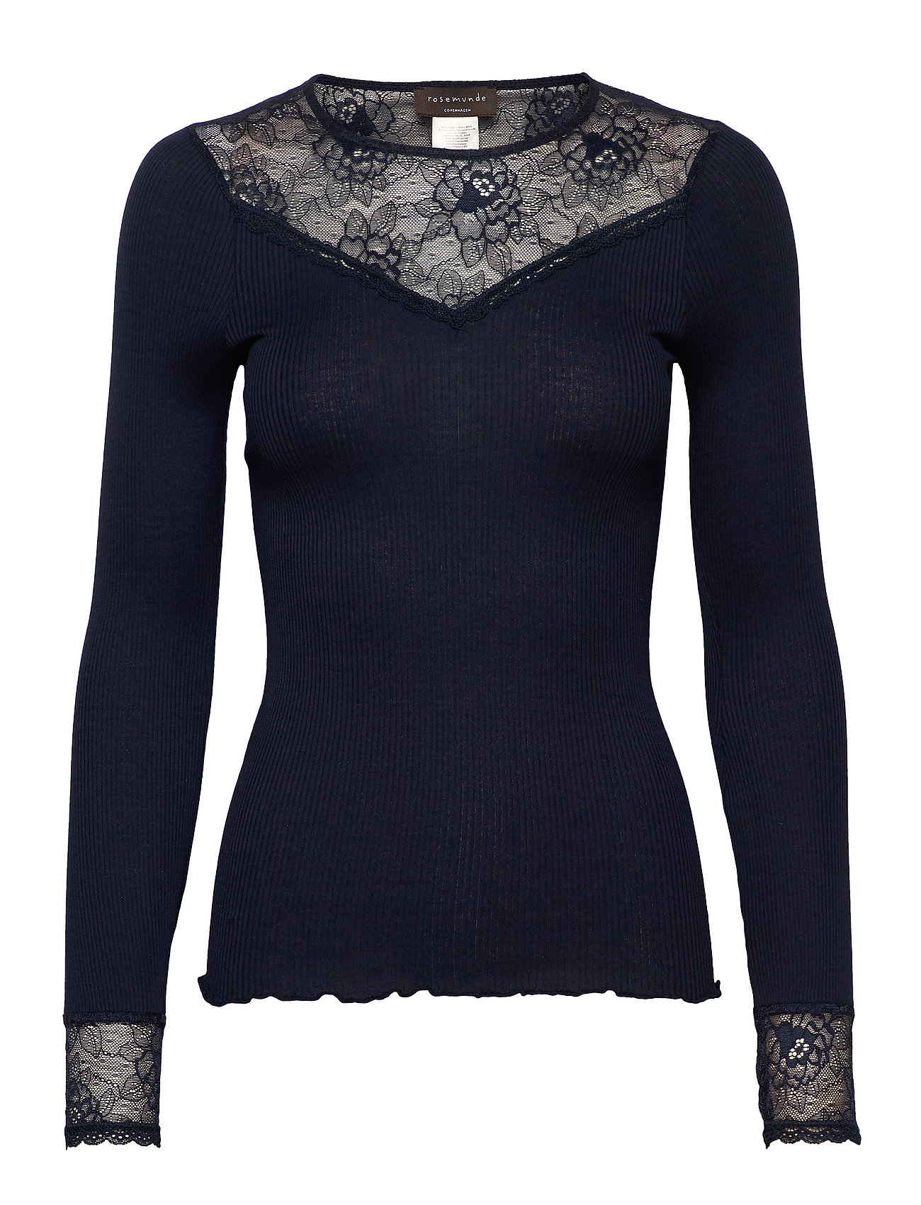 Silk T-Shirt Regular Ls W/Lace Blue Rosemunde