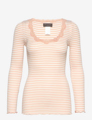 Silk t-shirt w/ lace - IVORY PEACHY ROSE STRIPE