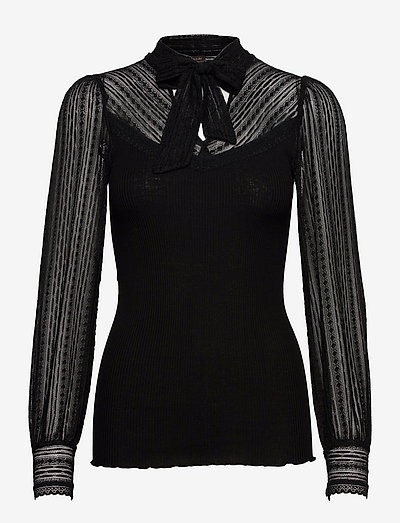 Silk t-shirt ls w/lace & bow - pitkähihaiset puserot - black