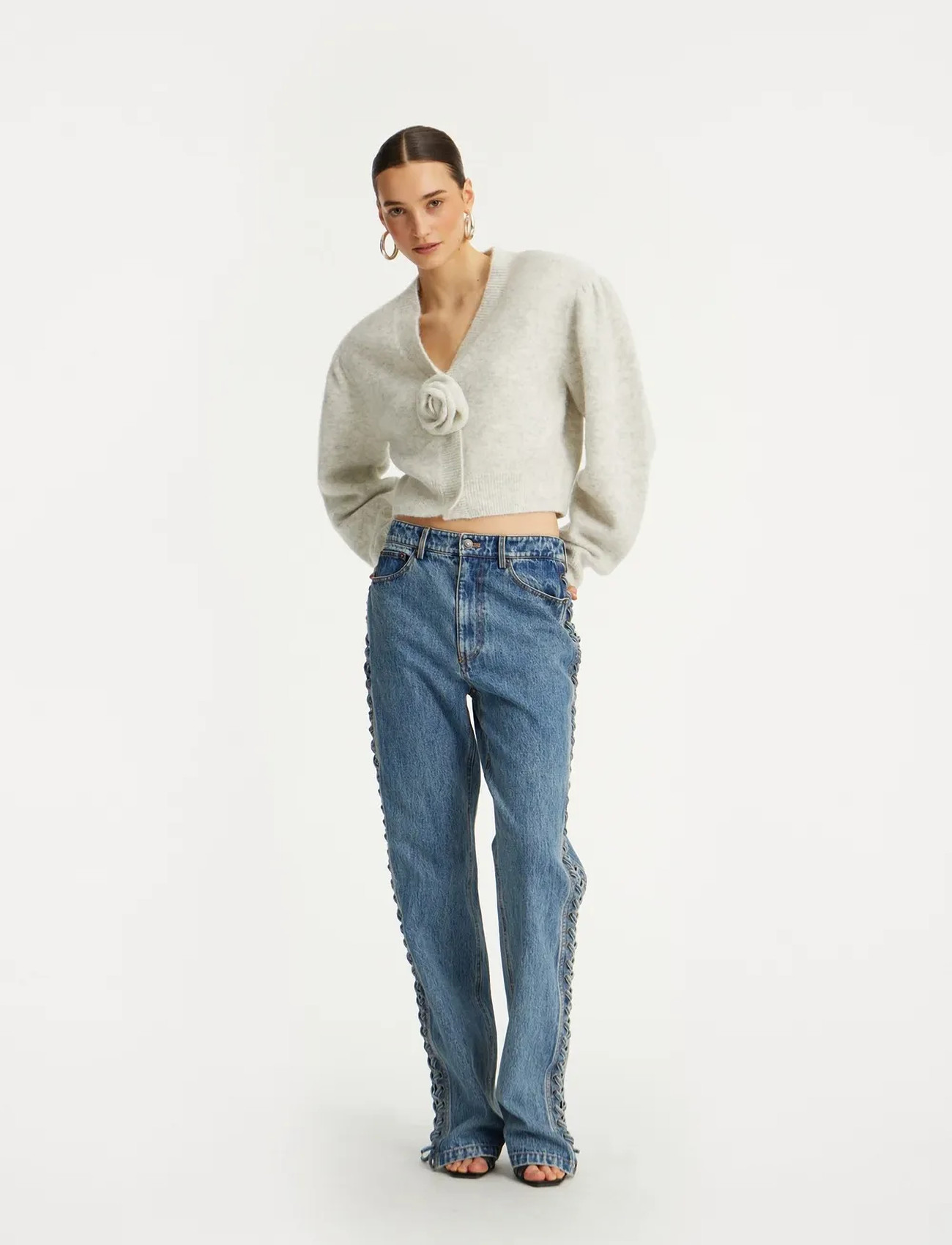 ROTATE Birger Christensen Knit Puffsleeve Cardigan, XL, White, Strik > Cardigans, Dame