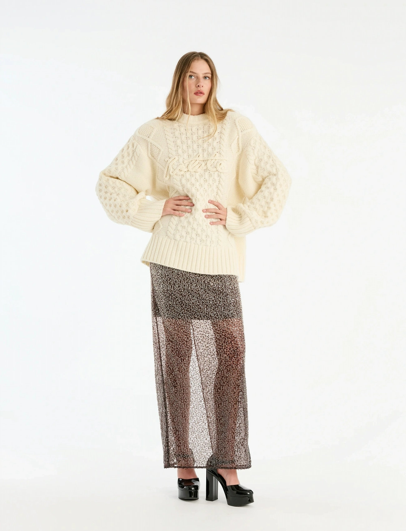ROTATE Birger Christensen Knit Cable Crewneck, L, Cream, Strik > Trøjer, Dame
