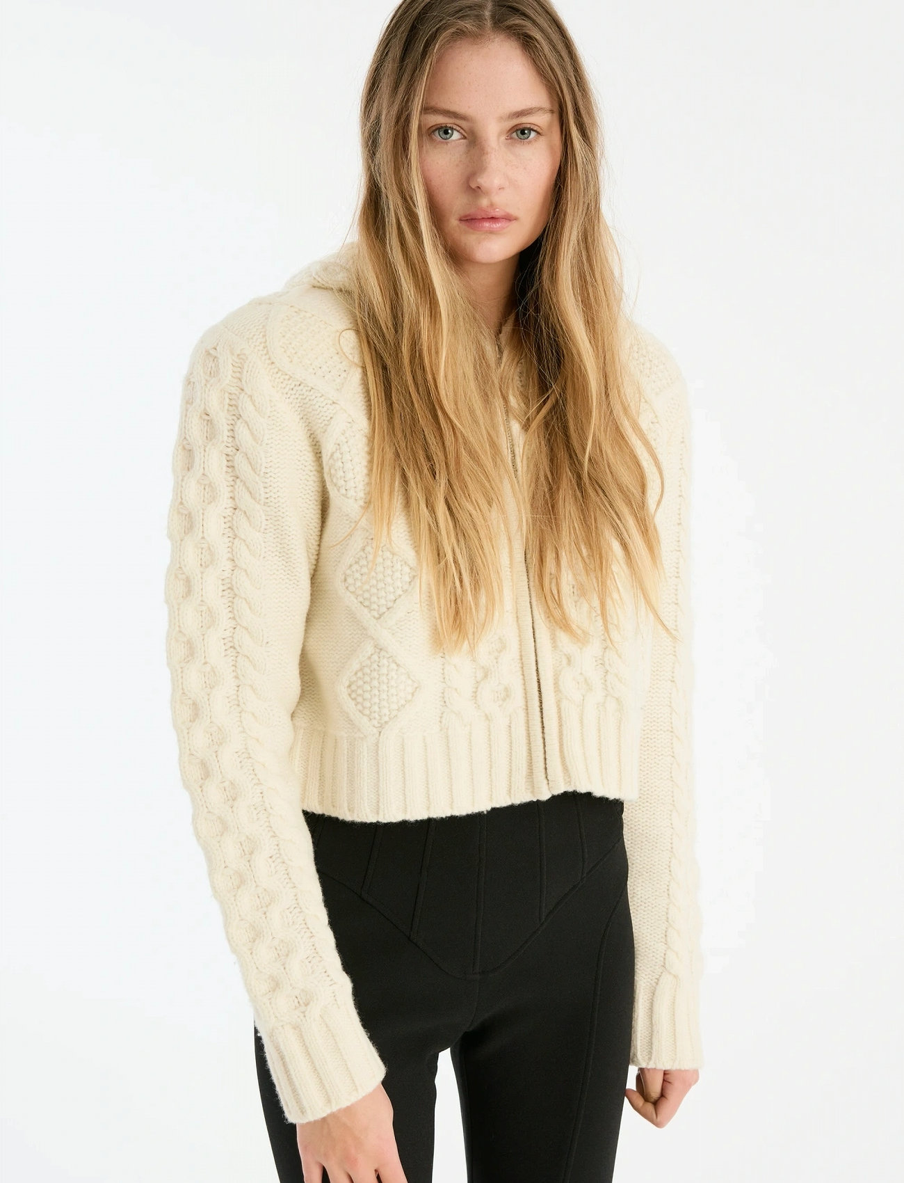 ROTATE Birger Christensen Knit Cable Zip Cardigan, XS, Cream, Strik > Cardigans, Dame