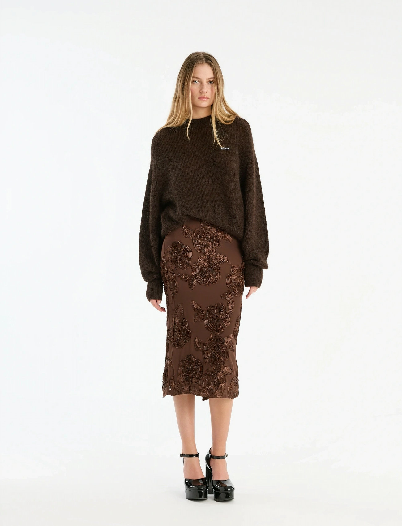 ROTATE Birger Christensen Flower Mesh Pencil Skirt, 40, Brown, Designere > Knælange Og Midi Nederdele, Dame