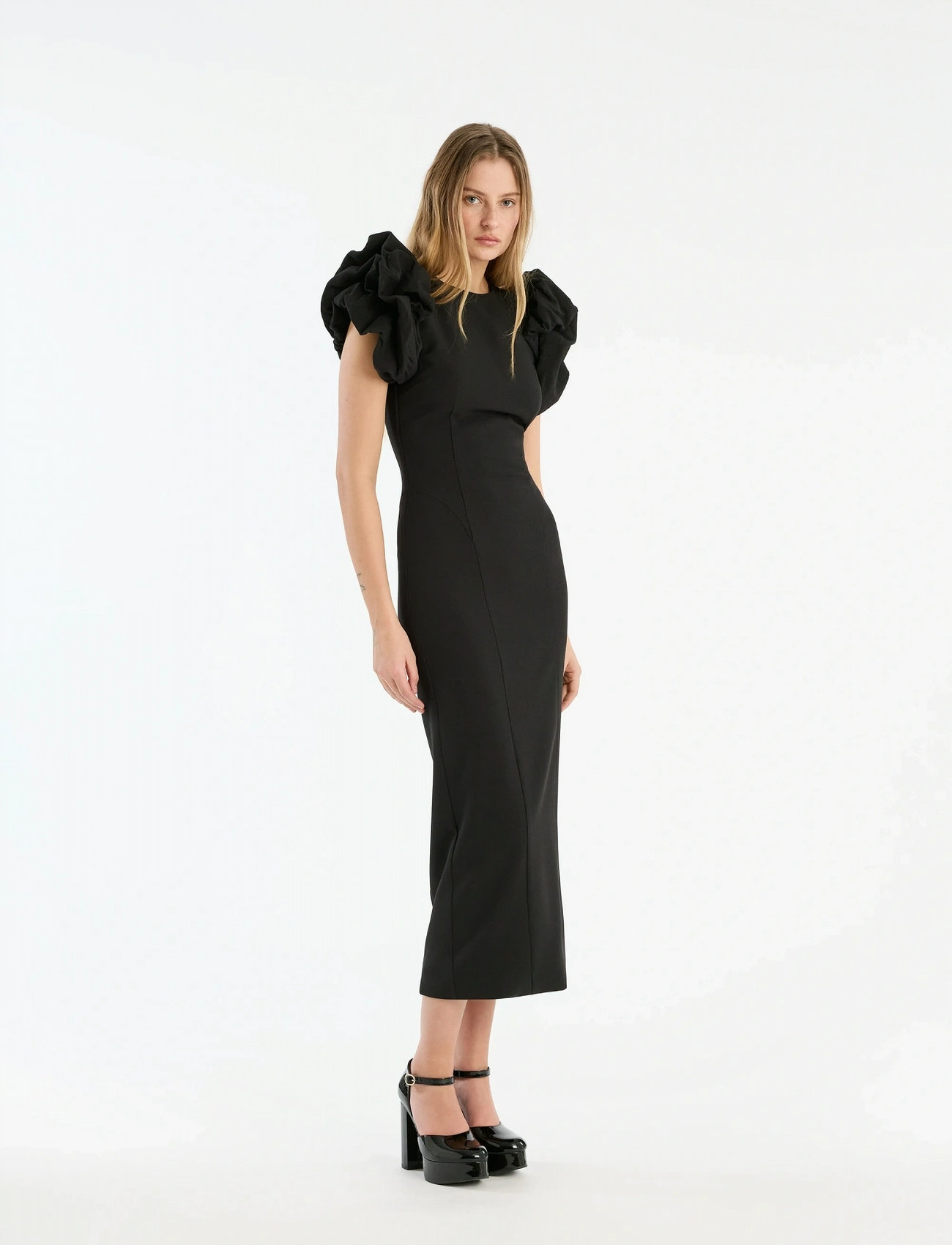 ROTATE Birger Christensen Crepe Puffy Midi Dress, 38, Black, Designere > Knælange Og Midi, Dame