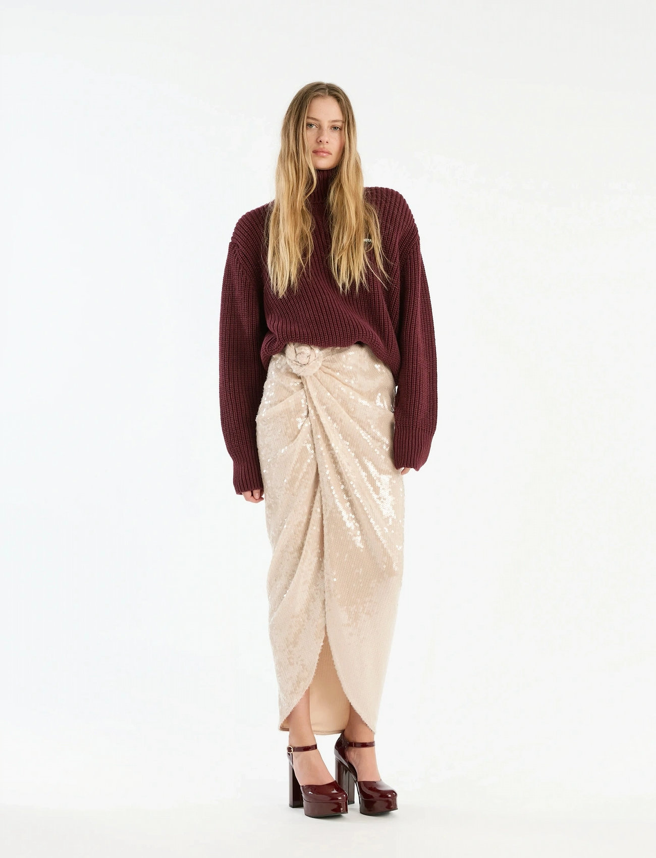 ROTATE Birger Christensen Knit Turtleneck Jumper, S, Burgundy, Strik > Rullekrave, Dame